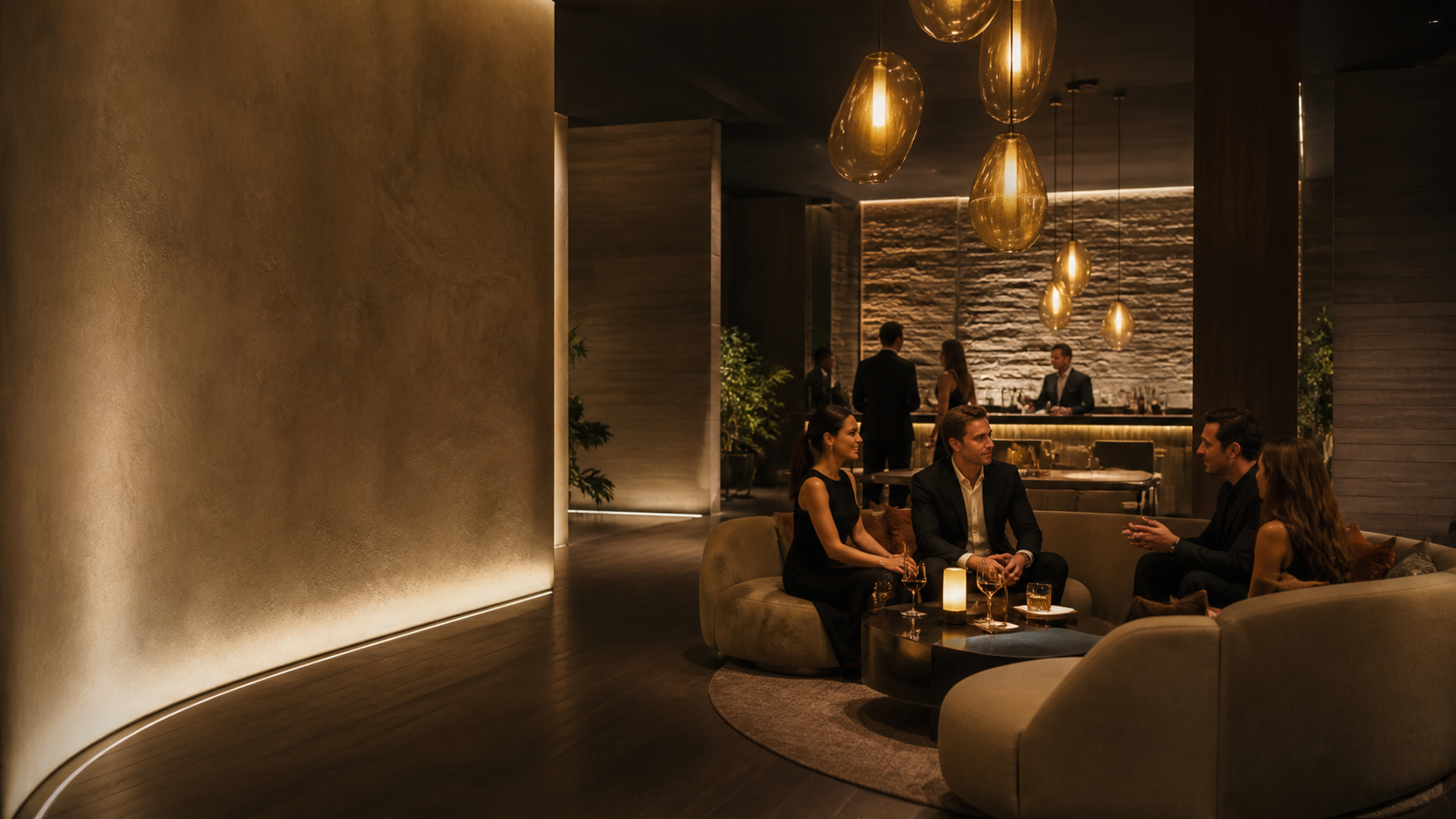 Warm contemporary club lounge at evening