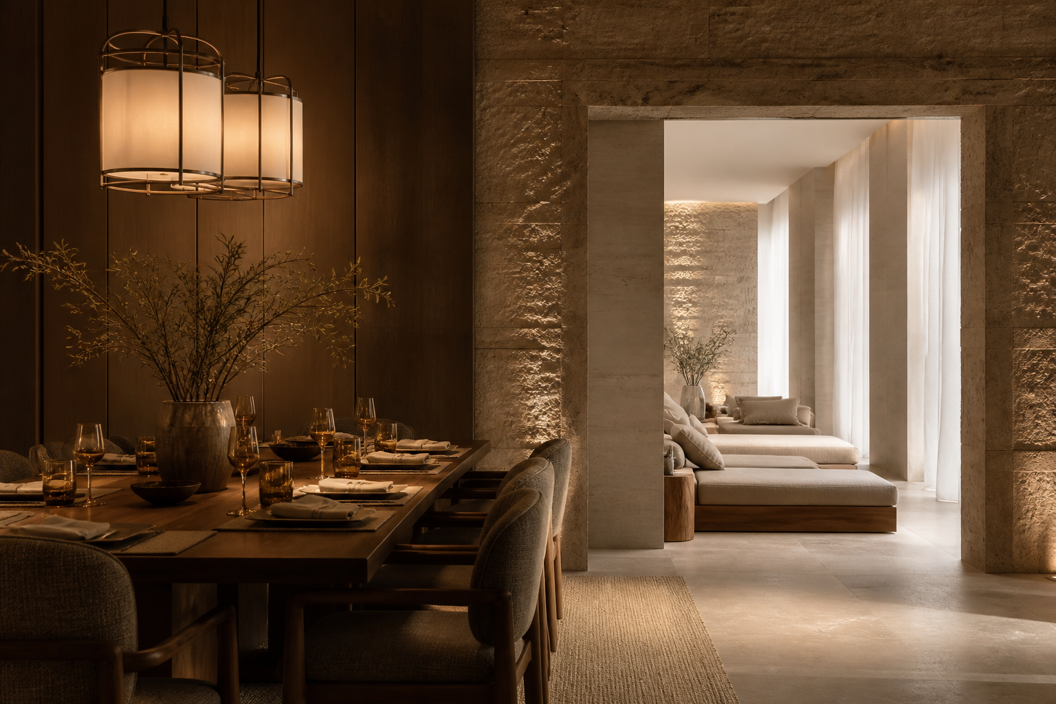Warm dining and serene retreat interior